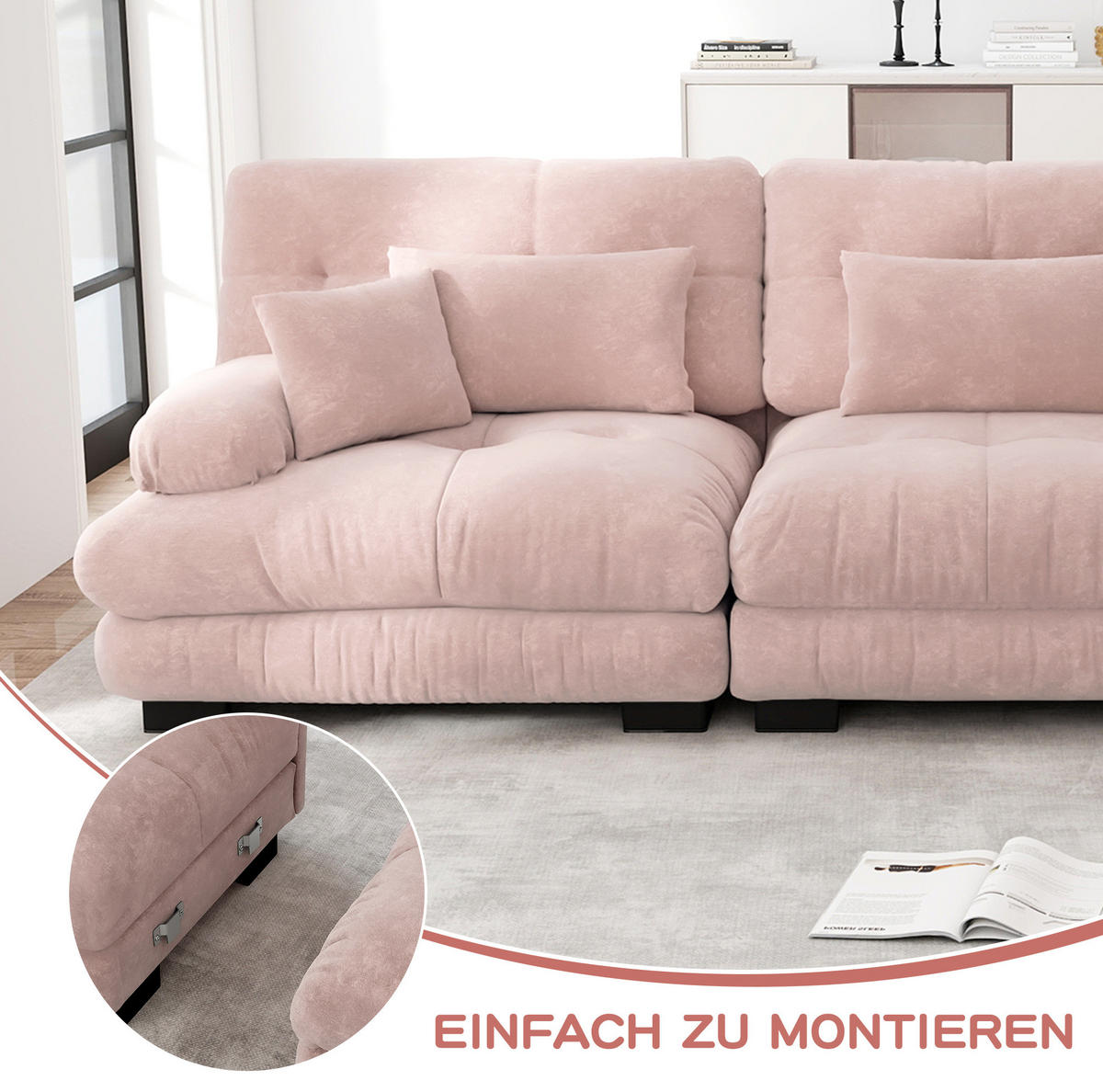 ECKSOFA 313/145/81 cm in Rosa aus Chenille mit Ottomans und modularer Form - Pink, Textil (145/313cm) - Flora Grace