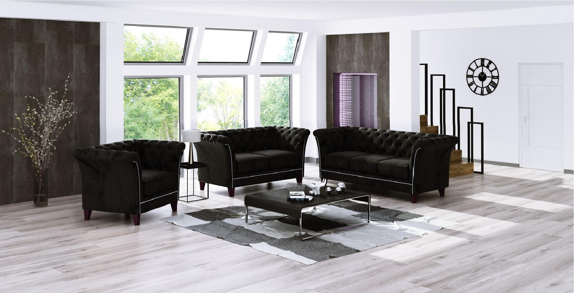 SITZGARNITUR 3+2+1 Chesterfield Fusion Schwarz Samt - Schwarz/Braun, Holz/Textil (237/75/82cm) - S-Style Möbel