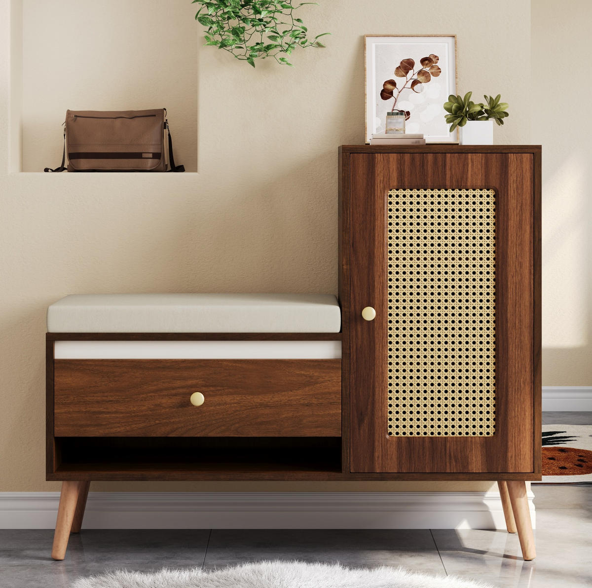SCHUHBANK 95,5/35/80,5 cm mit Sitzkissen, Schubladen und Rattan-Optik - Naturfarben, Holzwerkstoff (95.5/80.5/35cm) - BEAOK