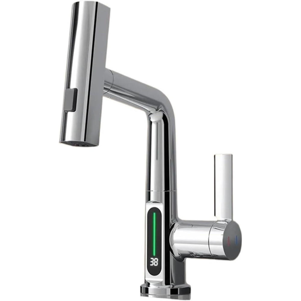 WASCHTISCHARMATUR Digitalanzeige, Herausziehen 3-Wege-Düse Niederschlag Stream, Chrom - Chromfarben, Metall (14/23/5.5cm) - Kaket