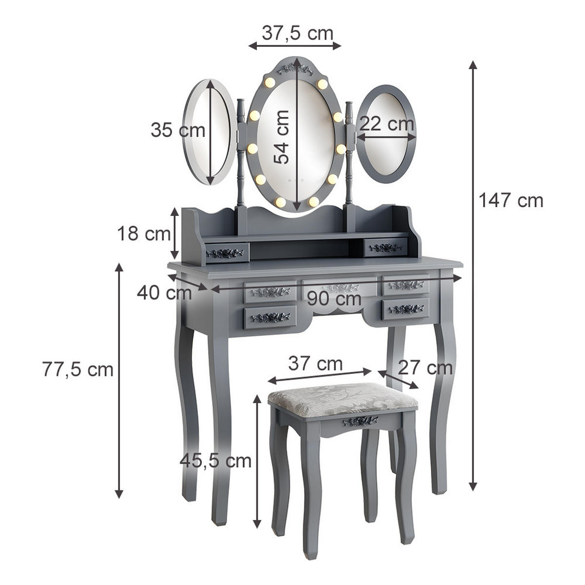 SCHMINKTISCH Diana Grau 90 cm mit Beleuchtung und Hocker - Grau, Holzwerkstoff (90/147/40cm) - Vicco