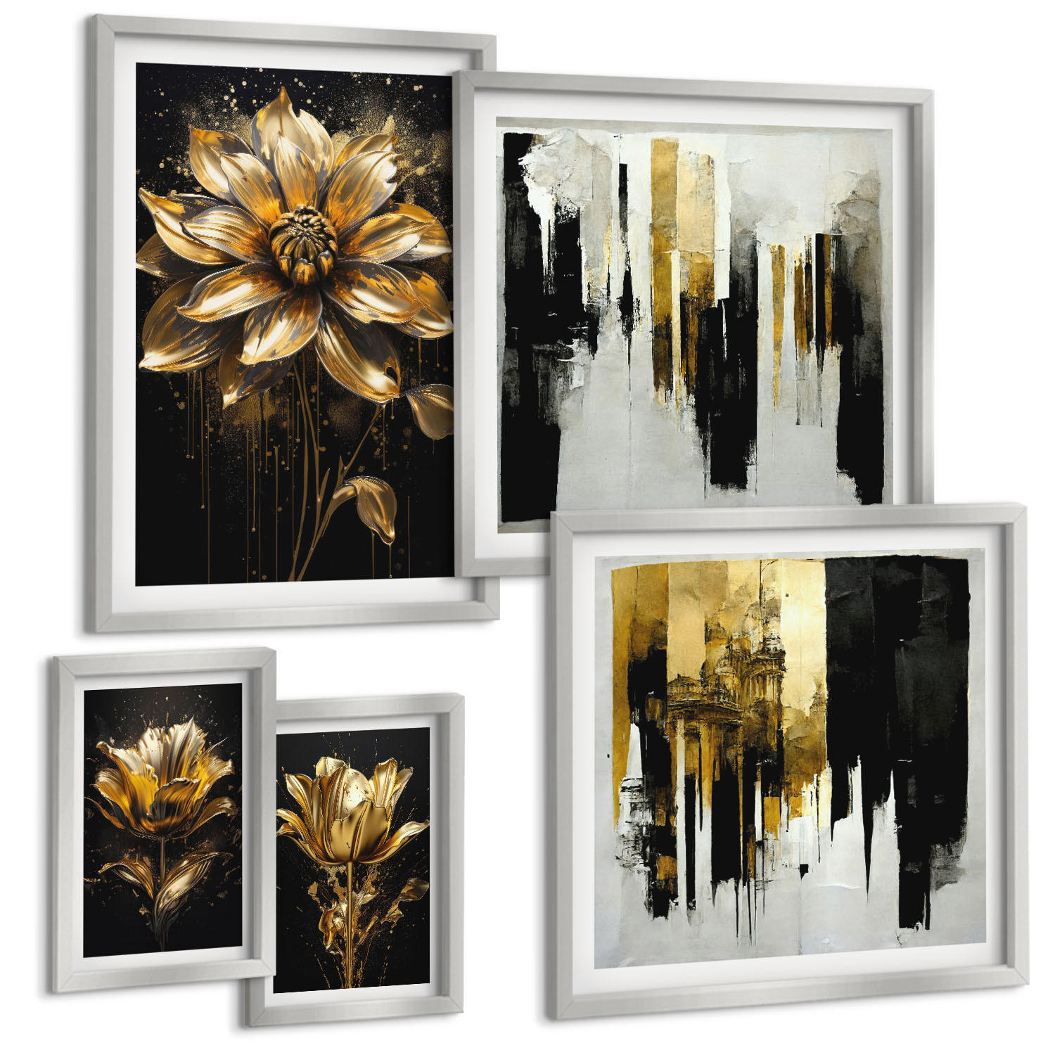 BILDER SET 5er Set - 50x50 cm & 20x30 cm & 40x60 cm Silberner Rahmen - Blumenbrücke – Lebensinspiration - Silberfarben, Kunststoff (40/60cm) - TULUP