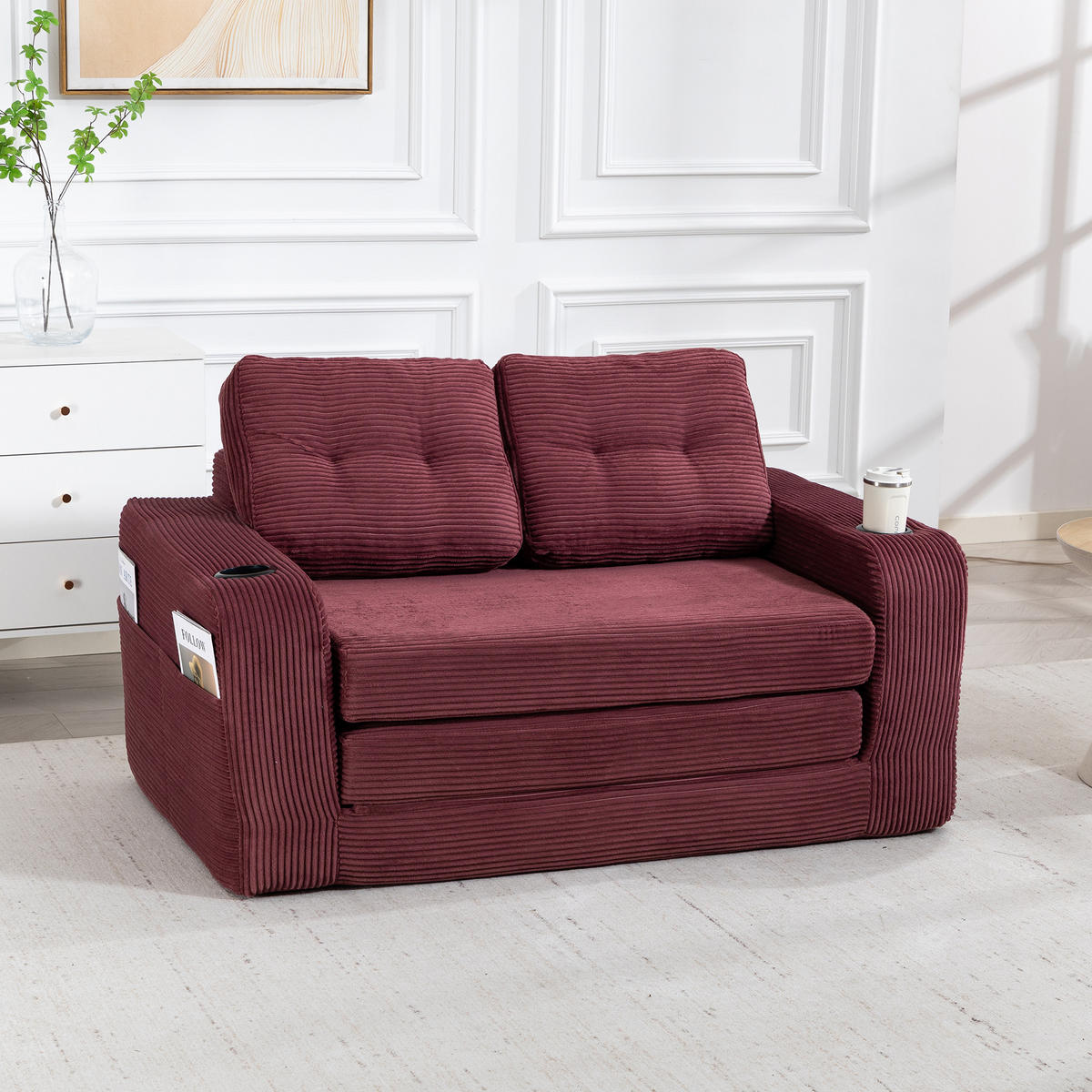 2-SITZER SOFA Cord Weinrot mit Getränkehaltern und Seitentaschen - Weinrot, Textil (136/82.5/80cm) - WISHDOR