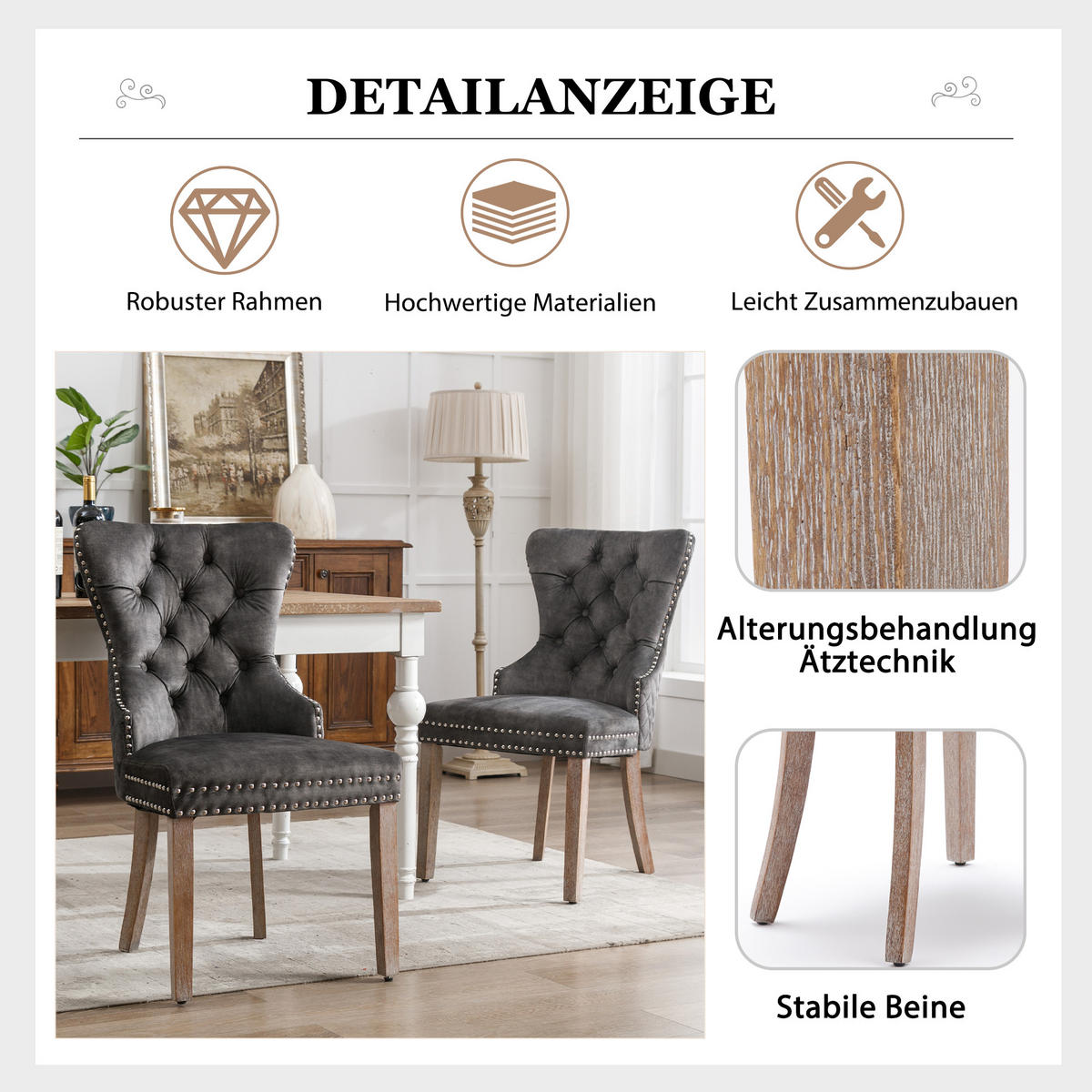 POLSTERSTUHL 2er-Set mit Massivholzbeinen, höhenverstellbar und Türklopfer-Design, heller grau - Grau, Textil (53/95/46.5cm) - Luhomfu