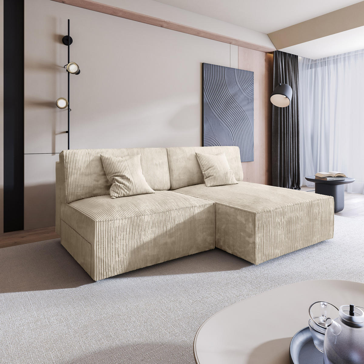 ECKSOFA FIORO P Creme Kordstoff mit Schlaffunktion - Creme/Grau, Holz/Kunststoff (204/148cm) - MASSENO