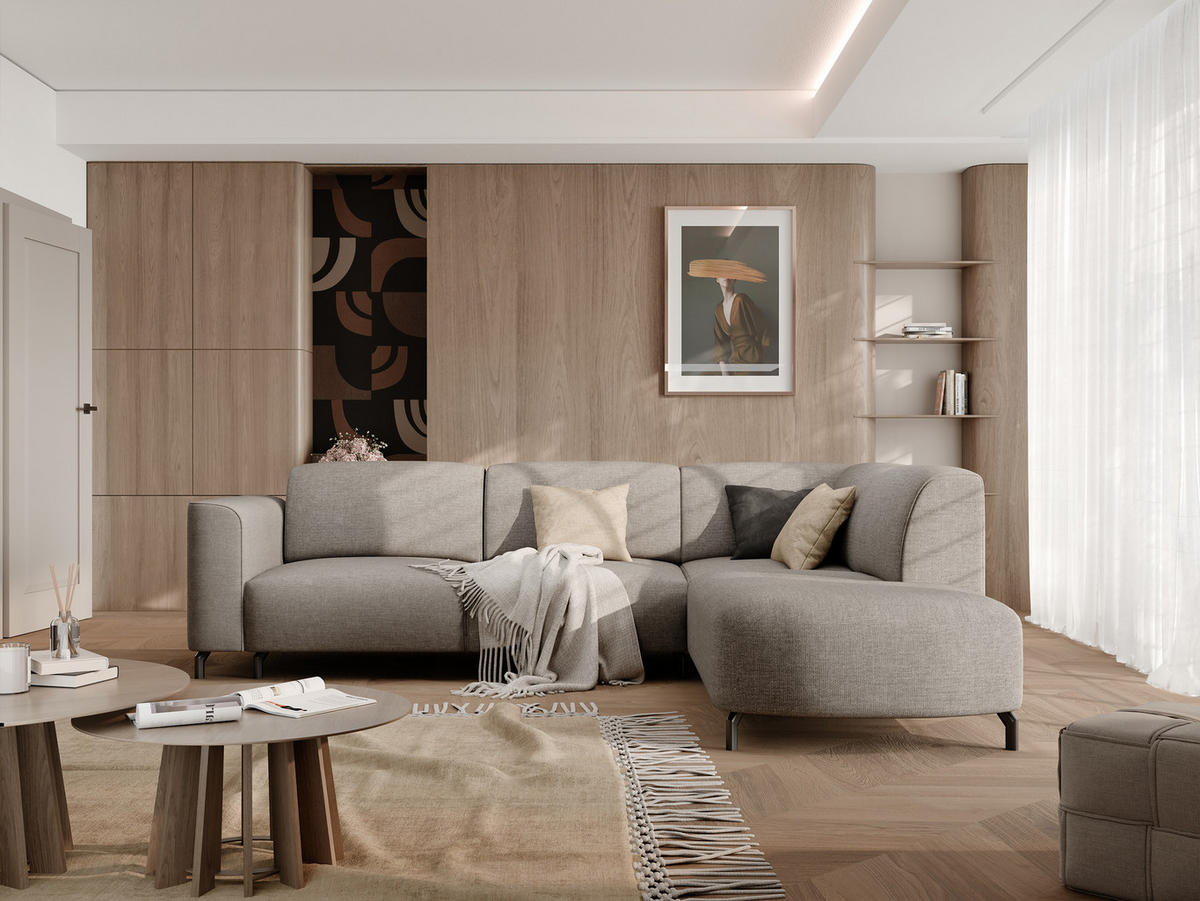 ECKSOFA TORIN Chenille-Stoff in Dark beige - Taupe, Holzwerkstoff/Kunststoff (277/218cm) - Idohome