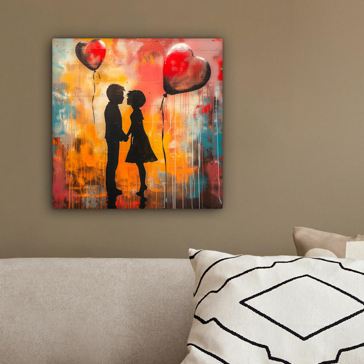 LEINWANDBILD Straßenkunst - Liebe - Graffiti - Kunst - Banksy 20x20 cm - Orange, Textil (20/20cm) - MuchoWow