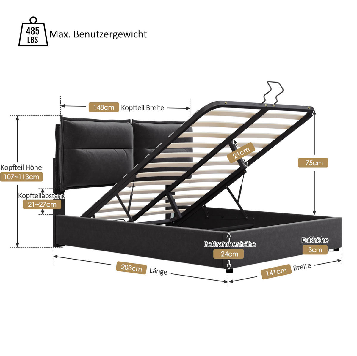 POLSTERBETT aus Massivholz und Samt 140x200 cm Schwarz mit Bettkasten, verstellbarem Kopfteil und Matratze - Schwarz, Holzwerkstoff (140/200cm) - IVMEU
