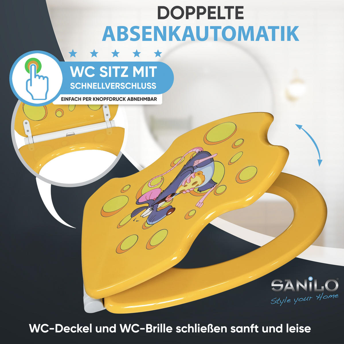 WC-SITZ mit Absenkautomatik & Top Fix Cheesy - Gelb, Holzwerkstoff (37.7/5.5/48cm) - Sanilo