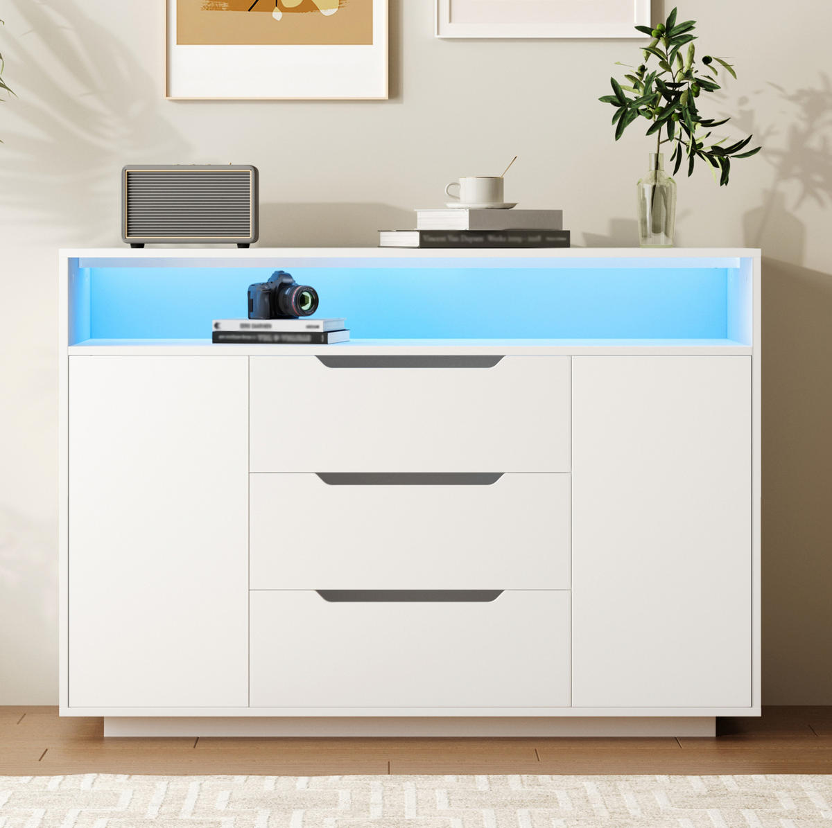 SIDEBOARD 120/40/85 cm weiß aus Holzwerkstoff mit offenem Regal, 3 Schubladen und LED - Weiß, Holzwerkstoff (120/85/40cm) - OKWISH