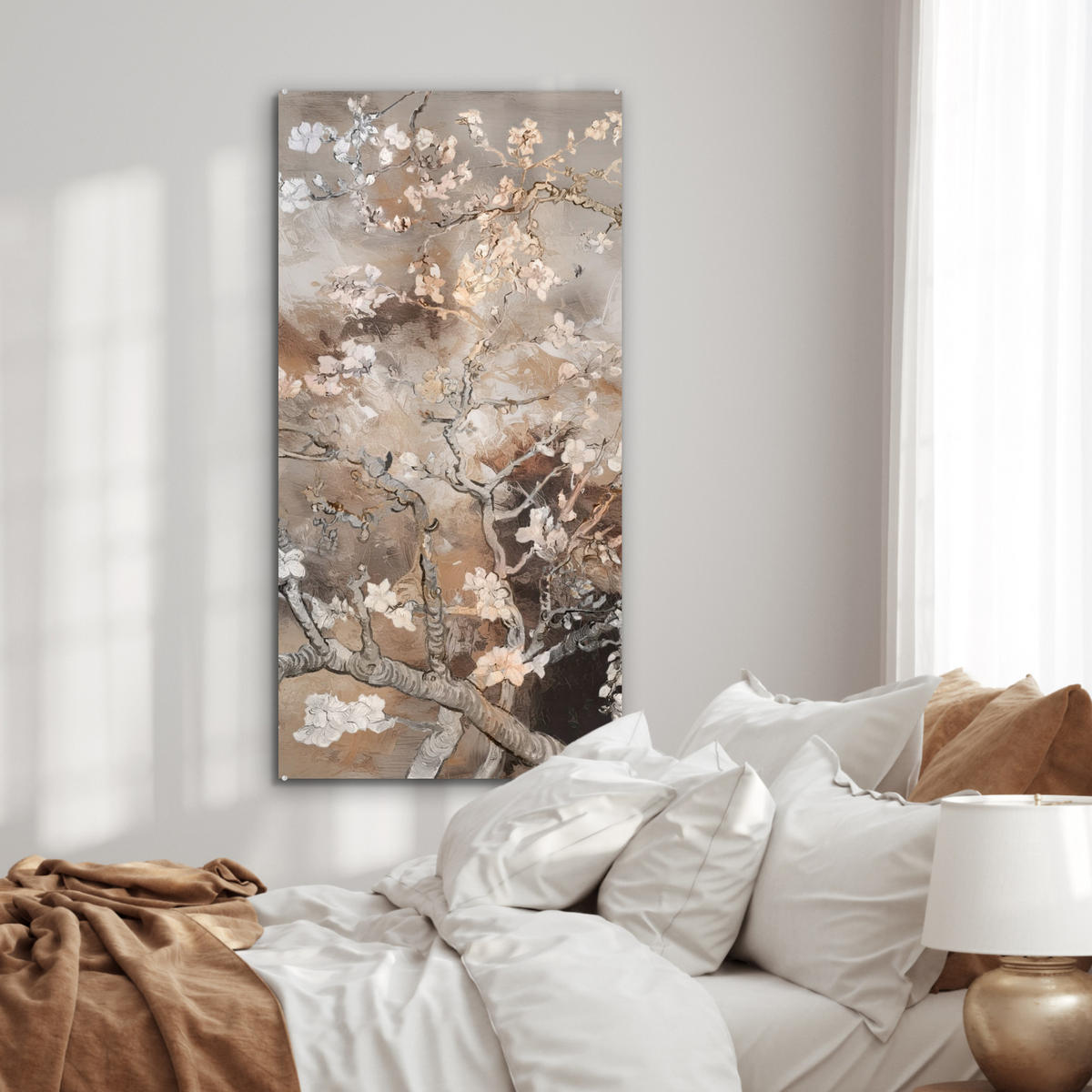 ACRYLGLASBILD Mandelblüte - Kunst - Van Gogh - Beige - Abstrakt 60x120 cm - Braun, Glas (60/120cm) - MuchoWow