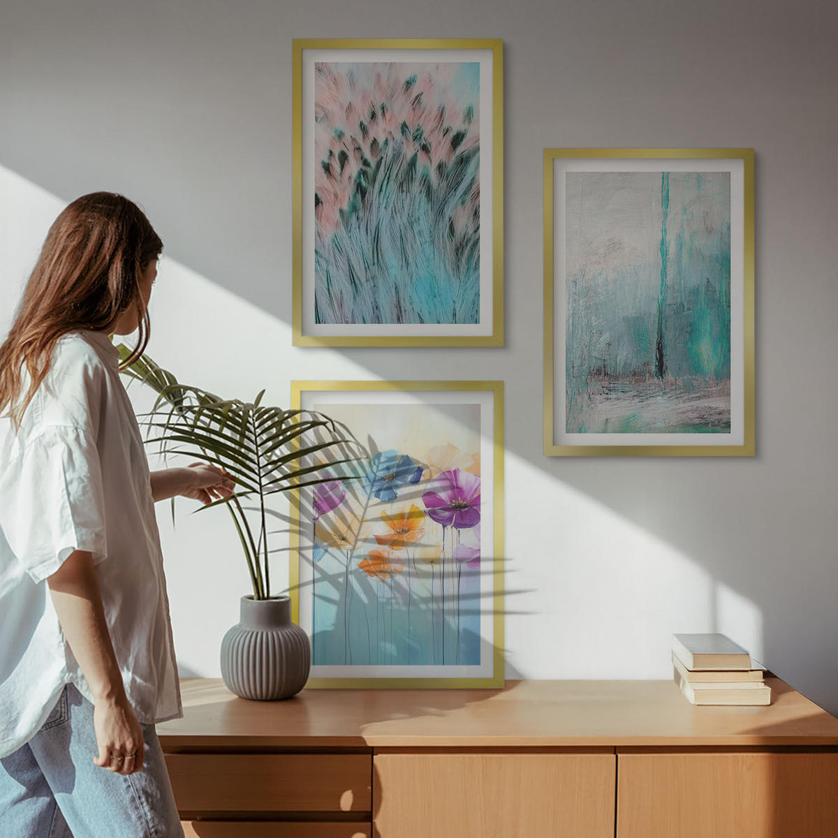 WANDBILDER 3er Set - 40x60 cm Goldrahmen - Hintergrundmuster mit Pastellblumen - Goldfarben, Kunststoff (40/60cm) - ArtPrintCave