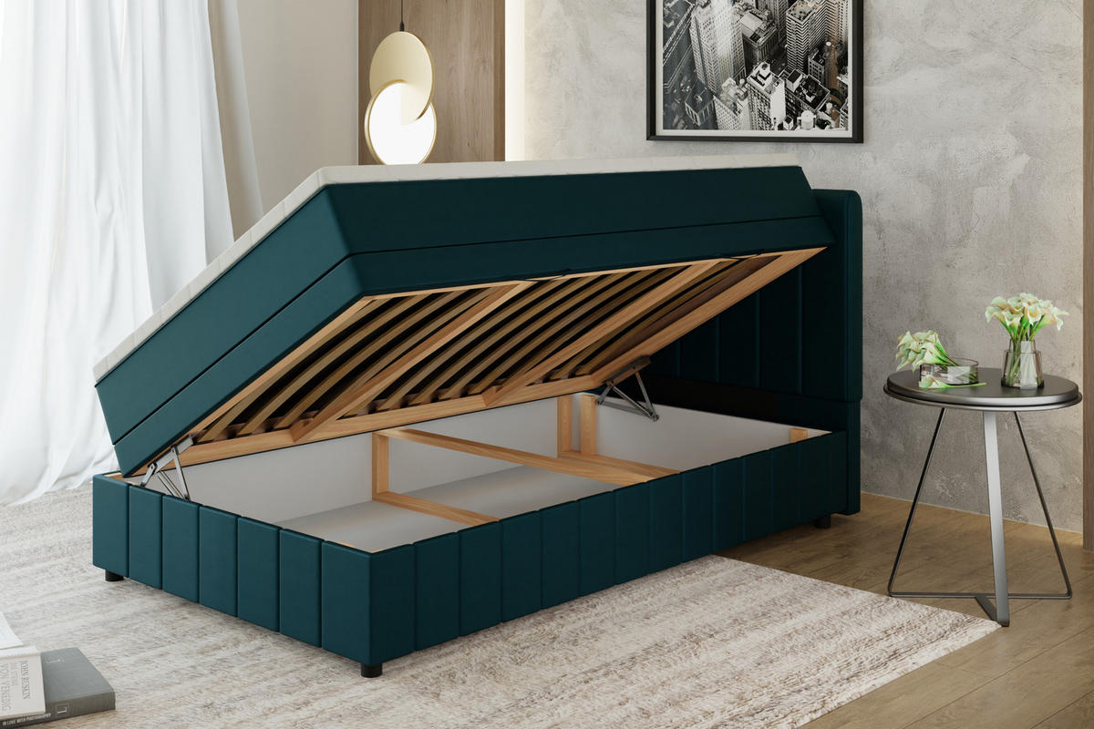 BOXBETT AVALON 120 x 200 cm mit Bettkasten und Topper - Türkis - Türkis, Holz - Panda Möbel