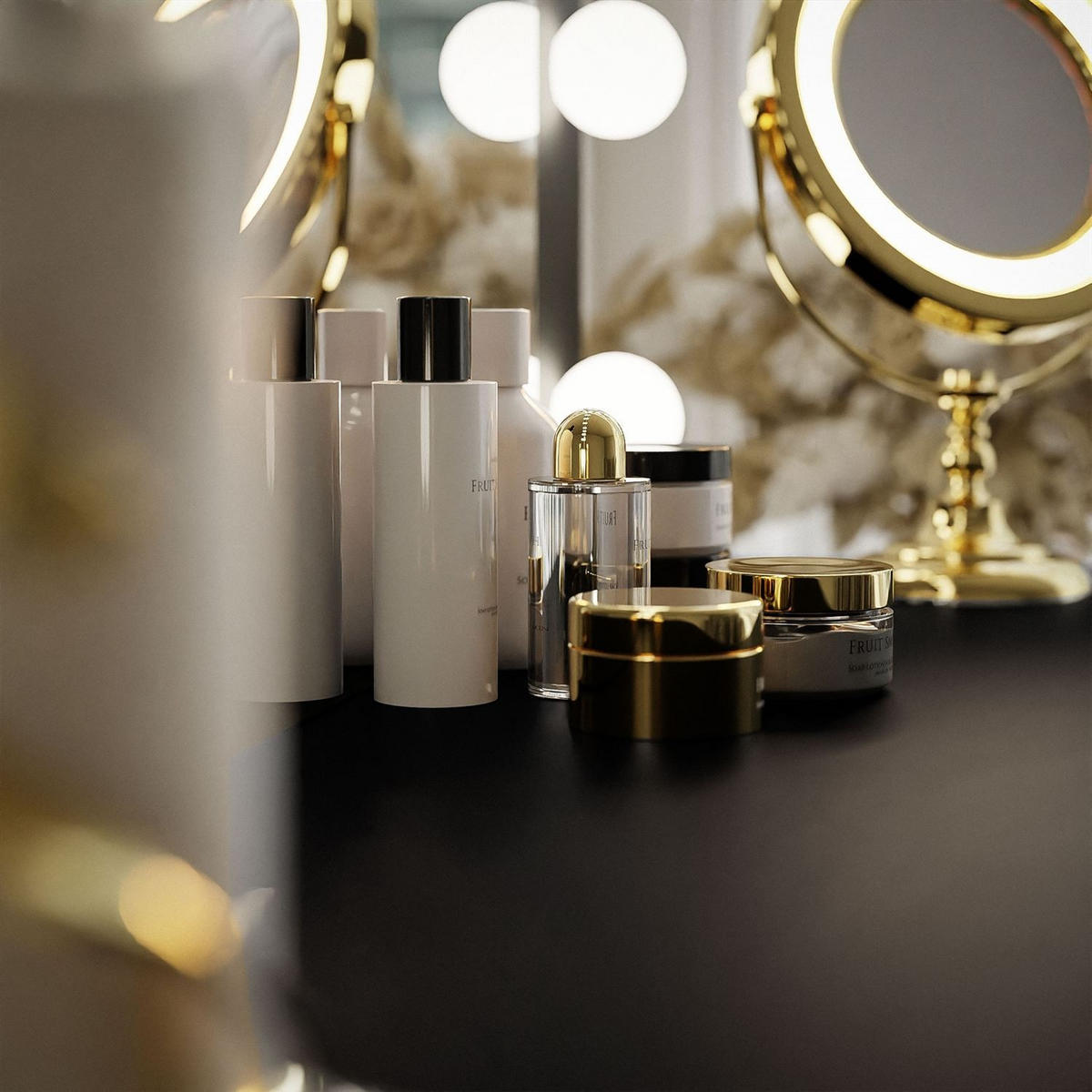 SCHMINKTISCH SIENNA GOLD mit Schubladen auf goldenen Beinen PUSH OPEN - Schwarz Hochglanz/Goldfarben, Holzwerkstoff (100/81/42cm)