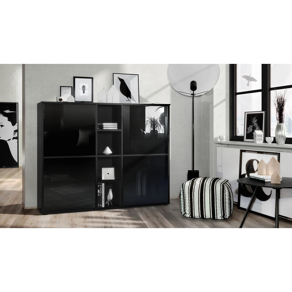 Thumbnail - Vladon Highboard, Schwarz Hochglanz, Holzwerkstoff, 130.5x105.5x35.5 cm, Wohnzimmer, Kommoden & Sideboards, Highboards