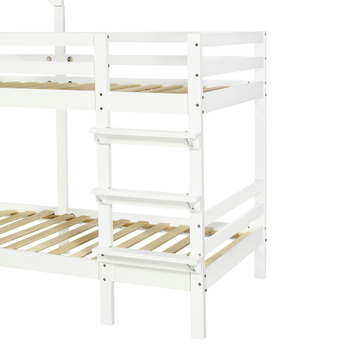ETAGENBETT 90/200 cm in Weiß mit Dach, Fenstern und Sicherheitsgeländern - Weiß, Holzwerkstoff (90/200cm) - OKMYHOME