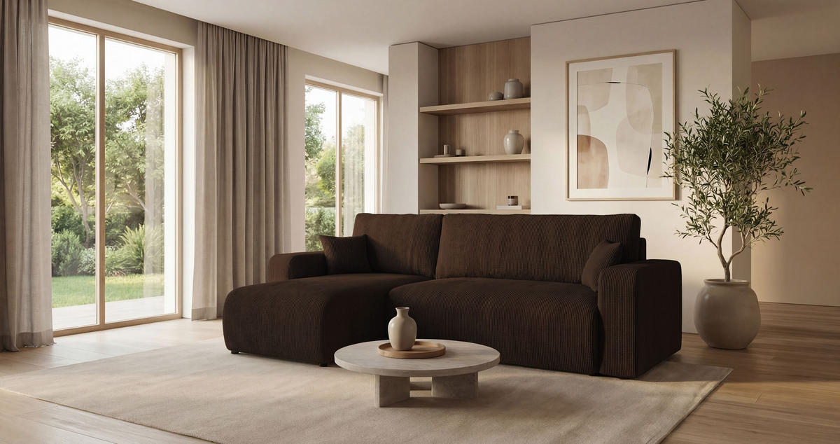 ECKSOFA PARIS links braun Cord Poso 6 - Schlaffunktion, Bettkasten - Braun, Textil (255/150cm) - Cornero