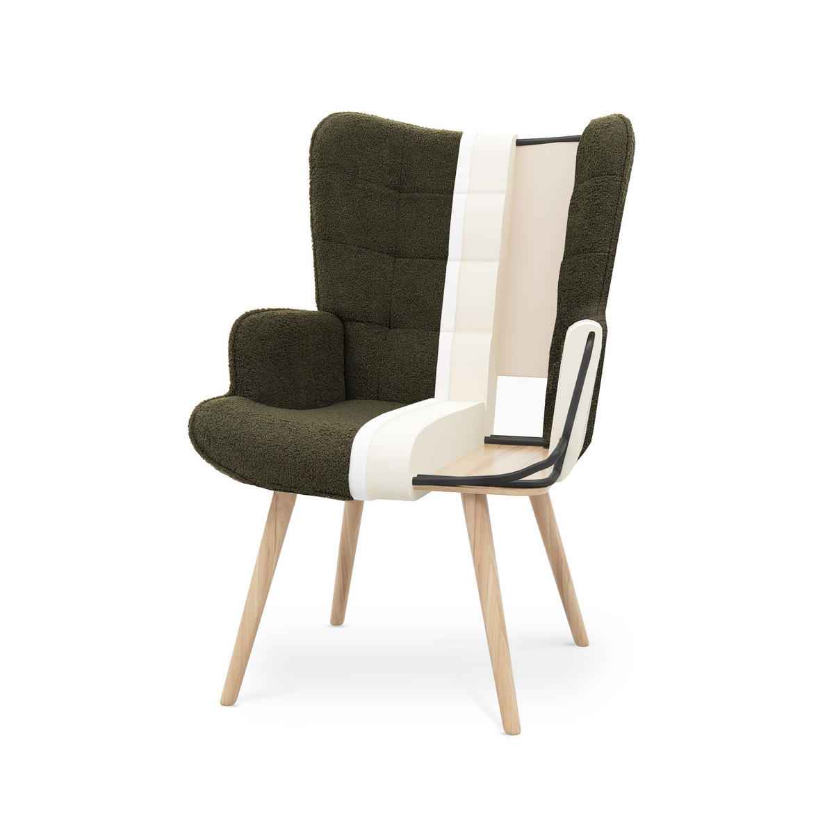 SESSEL Stella Skandinavischer aus khakifarbenem Frottee mit Nähten - Akaziefarben/Grün, Holz/Holzwerkstoff (67/102/73.5cm) - Sicaan