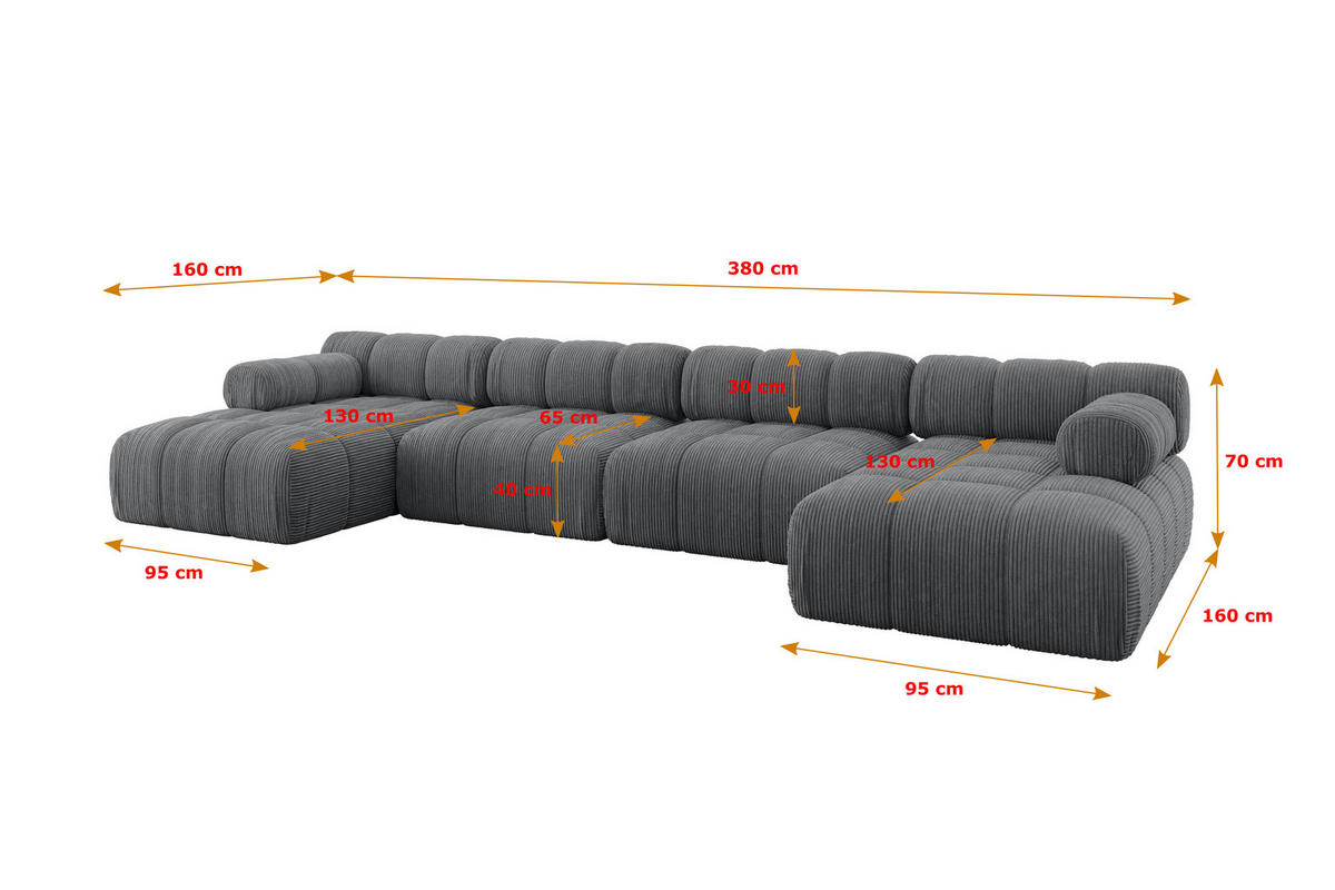 WOHNLANDSCHAFT modulares Sofa Tesso-U2 - 380x160x70 cm Dunkelgrau Cord - Dunkelgrau, Holzwerkstoff/Textil (380/70/160cm) - ALTDECOR