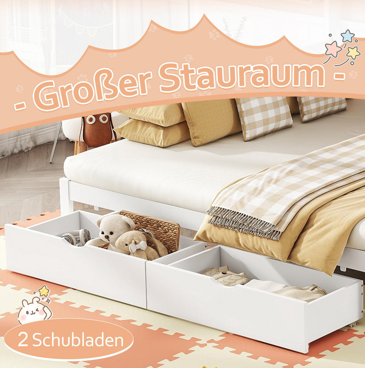 ETAGENBETT 90/200 cm aus Kiefernholz und MDF mit Ausziehbett und 2 Schubladen Weiß - Weiß, Holz (90/200cm) - Modenvie