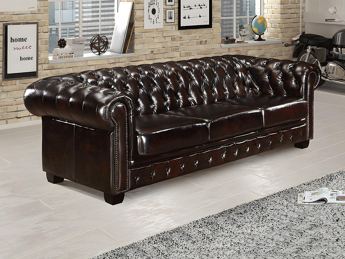 CHESTERFIELD Ledersofa 4-Sitzer - Büffelleder - Braun - BRENTON - Dunkelbraun, Leder (240/73/99cm) - Vente-Unique
