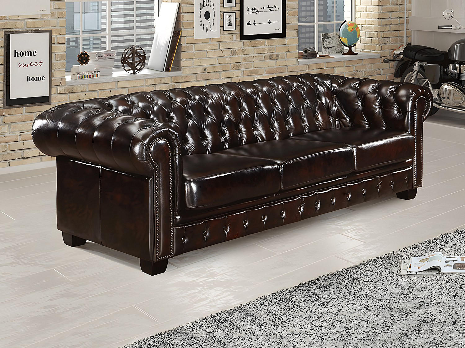 Thumbnail - Vente-Unique Chesterfield, Dunkelbraun, Leder, Uni, 4-Sitzer, 240x73x99 cm, Wohnzimmer, Sofas & Couches, Sofas, Chesterf...