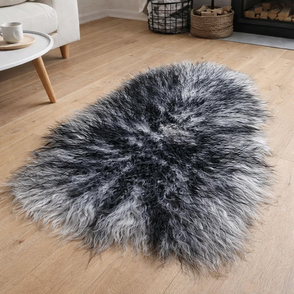 LAMMFELL Island Langhaar natur lockig weich Premium Hellgrau-Schwarz geflammt ca. 105 cm - Hellgrau/Schwarz, Fell (55/105cm) - Provellus