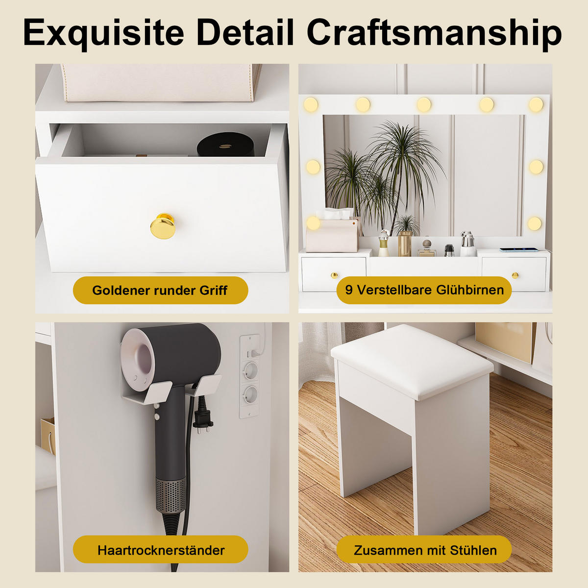 SCHMINKTISCH-SET 80 cm in Weiß mit LED-Spiegel - Weiß, Holzwerkstoff (80/137/40cm) - Urban Meuble