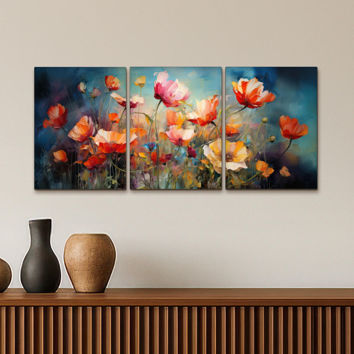 LEINWANDBILD 3er Set Blumen - Bunt - Abstrakt 90x40 cm - Blaugrau, Textil (90/40cm) - MuchoWow