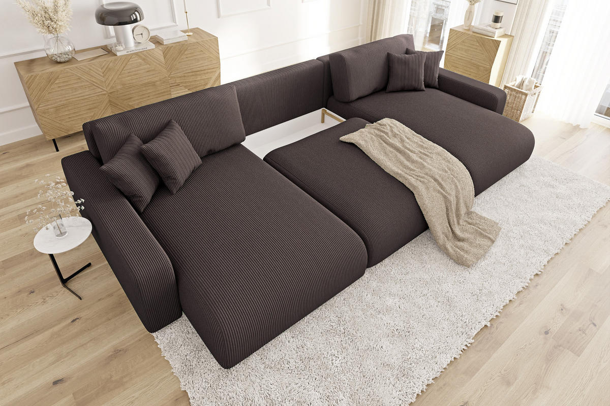 WOHNLANDSCHAFT Emma Dunkelbraun Cord - Dunkelbraun/Schwarz, Holz/Kunststoff (332/170cm) - S-Style Möbel