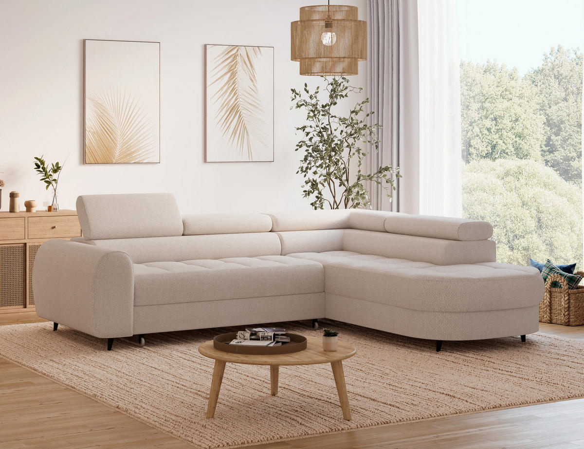 ECKSOFA Vesteria mit Schlaffunktion und Bettkasten – Modernes Design, verstellbare Kopfstützen und hoher Sitzkomfort - Beige, Kunststoff (279/72cm) - Wohnideebilder