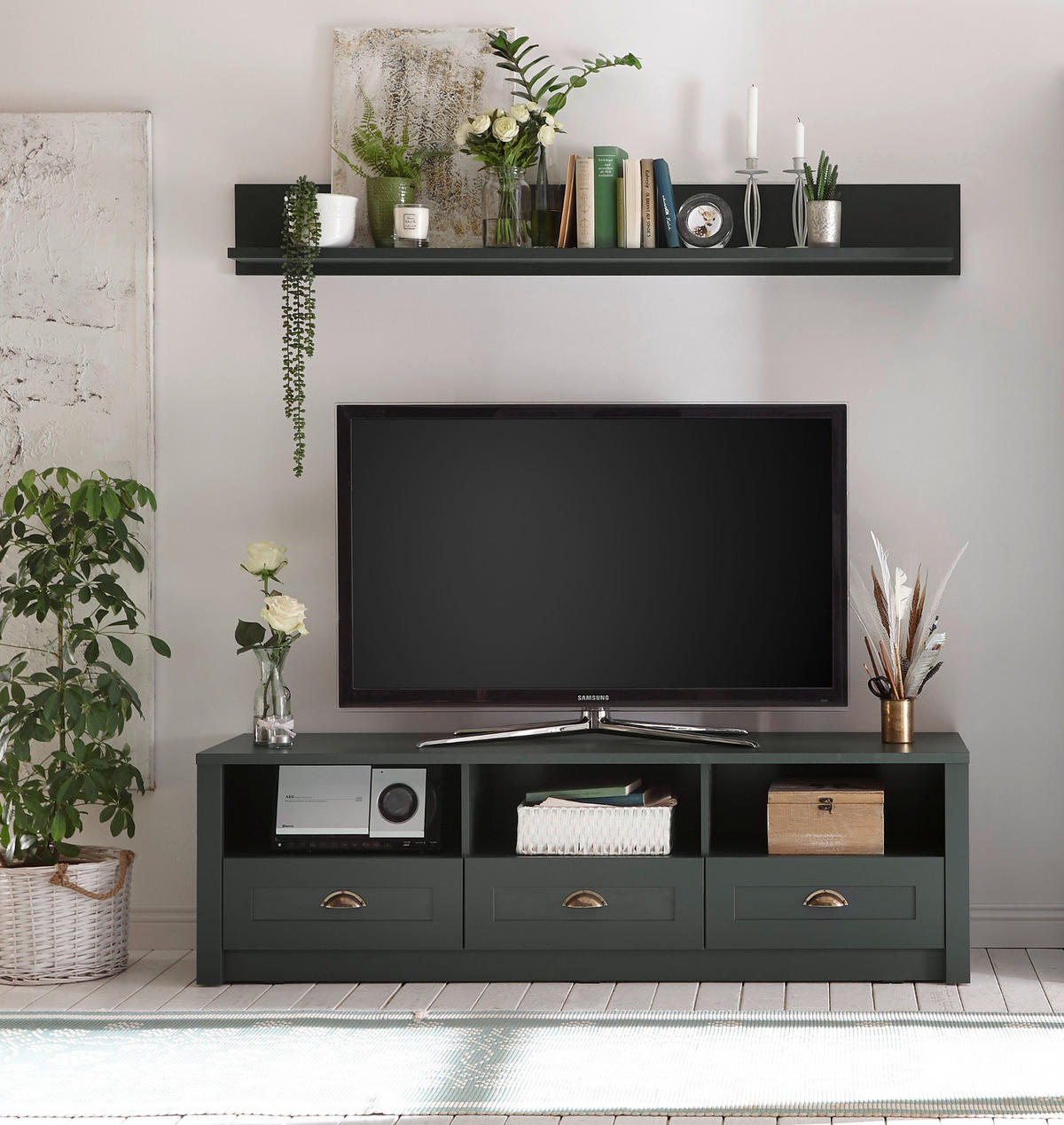 TV-LOWBOARD grün 158 x 47 cm, TV Unterteil im Landhaus-Stil - Chromfarben/Schwarz, Holzwerkstoff/Kunststoff (158/47/43cm) - Furn.Design