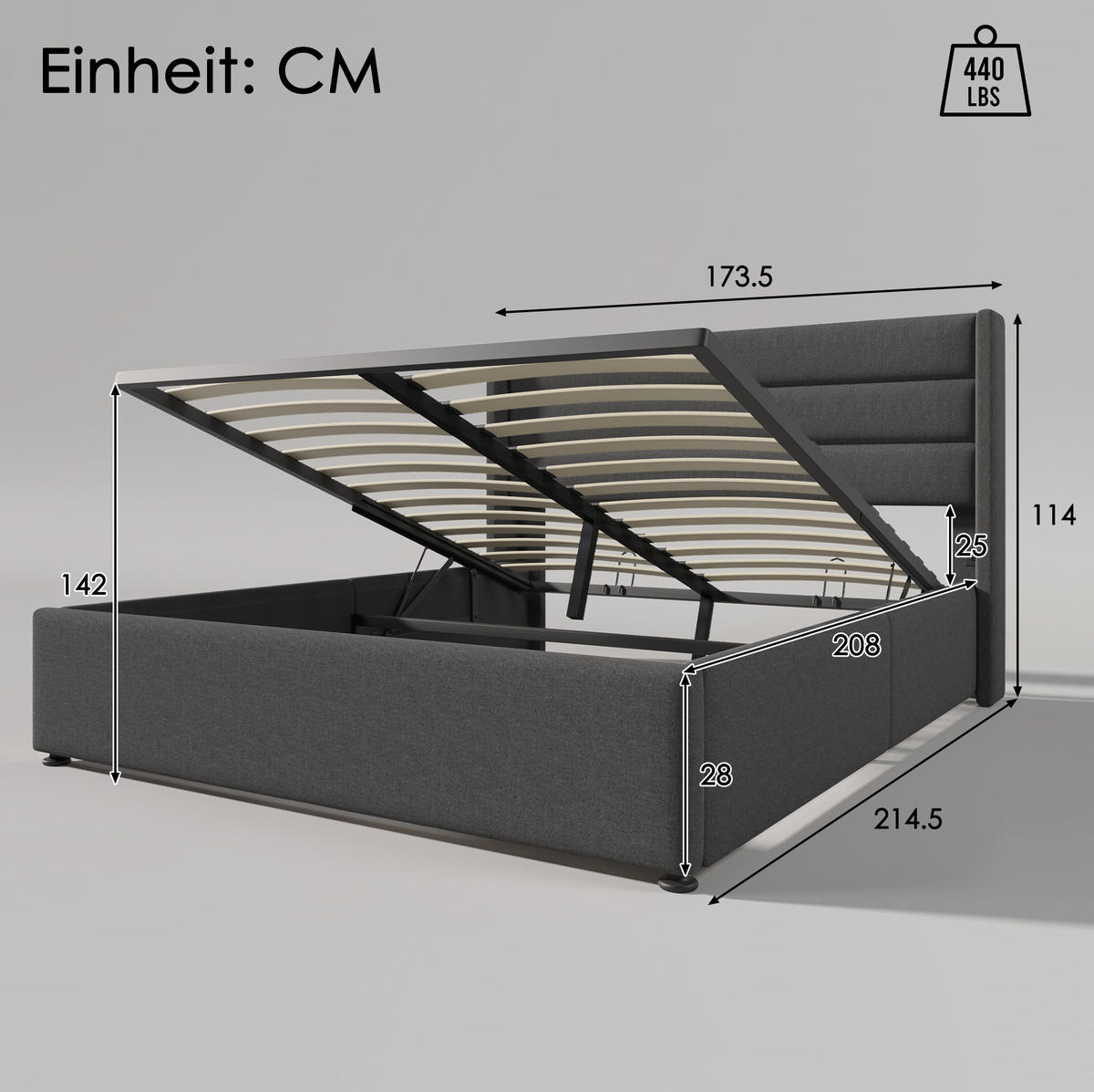 POLSTERBETT aus Leinen 160x200 cm in Grau mit hydraulischem Stauraum - Grau, Textil (160/200cm) - Modfu