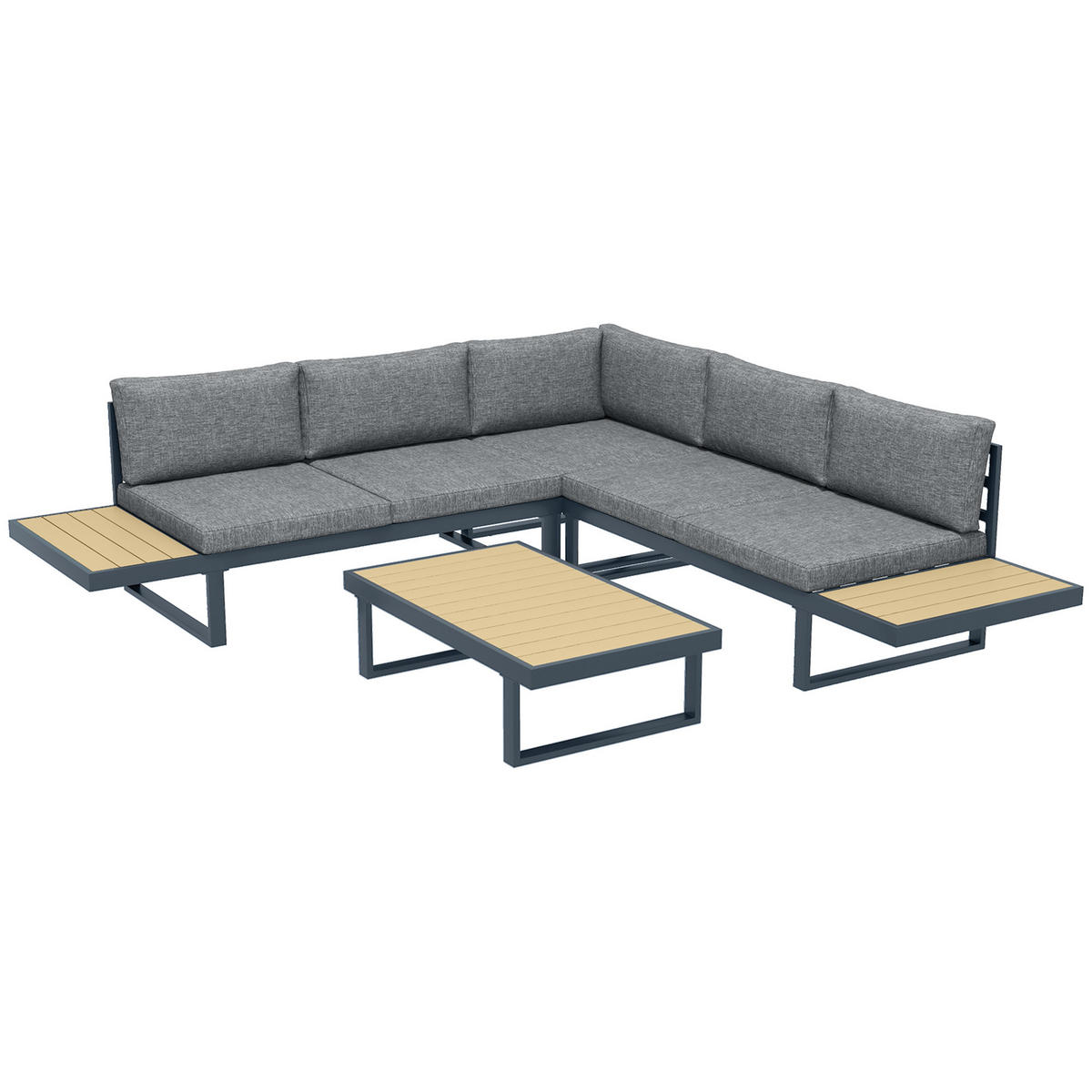 LOUNGEGARNITUR 5 Sitzplätze DE-13401 Aluminium & Holzoptik Anthrazit - Dunkelgrau, Metall - ComfortXL