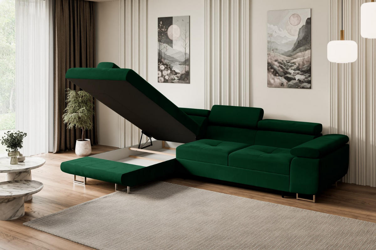 ECKSOFA mit Schlaffunktion und Bettkasten GUSA-L 272x202x107 cm Grün Velours - Silberfarben/Grün, Holzwerkstoff/Textil (202/272cm) - ALTDECOR