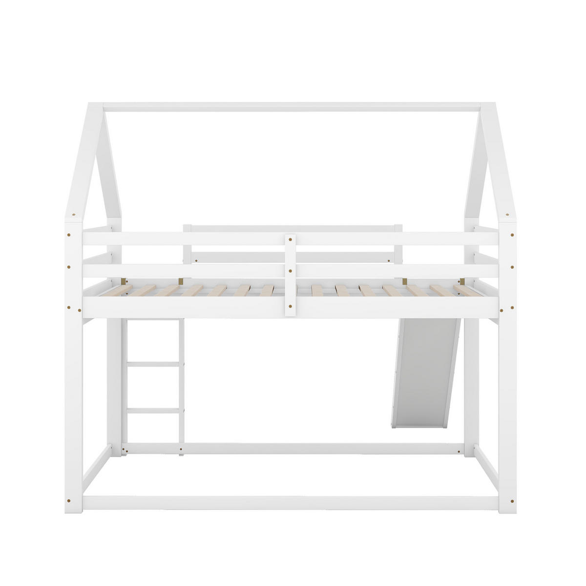 NADSTROPNA postelja 140/200 cm bela s toboganom in lestvijo iz bora in MDF v obliki hiše - bela, les (140/200cm) - OKWISH