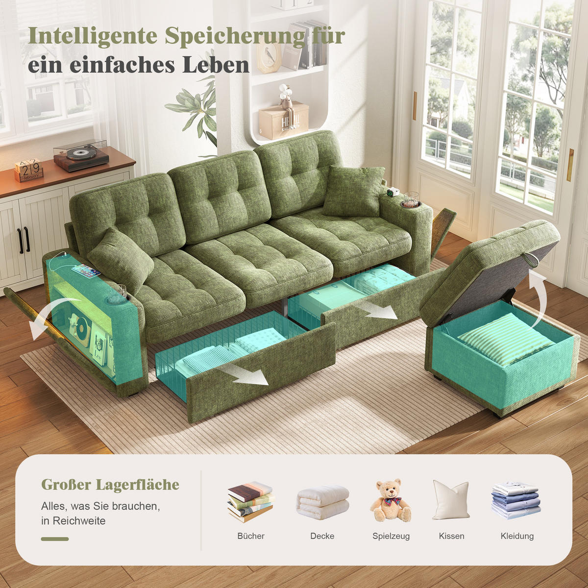 BIGSOFA mit Stauraum-Hocker, USB-C, LED und Getränkehaltern aus Chenille - Grün, Textil (194.5/83/133cm) - EVRYAE