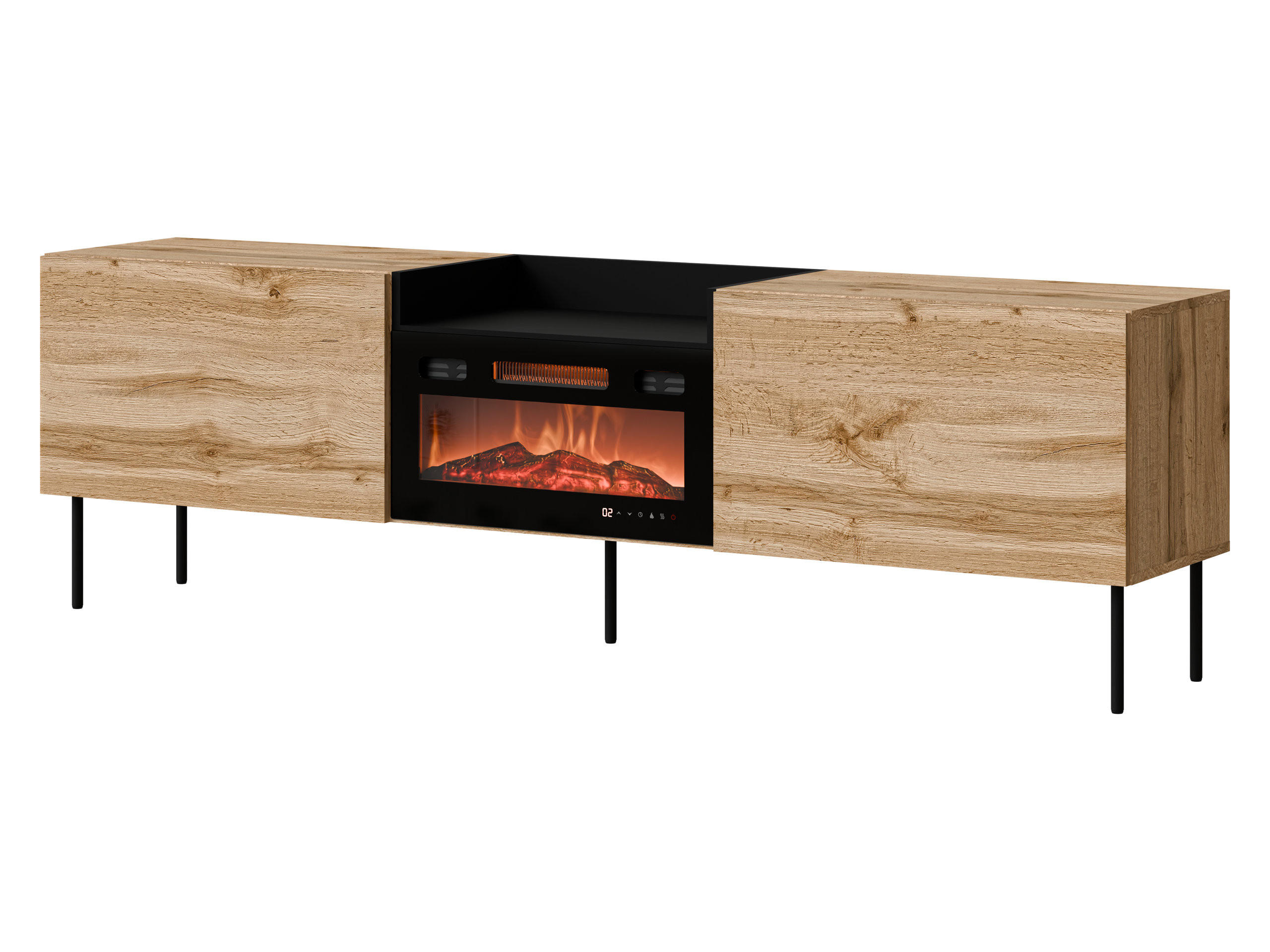TV-LOWBOARD Kanton mit Kamin - Eiche Wotan/Schwarz, Holzwerkstoff/Metall (200/61/41cm) - MIRJAN24