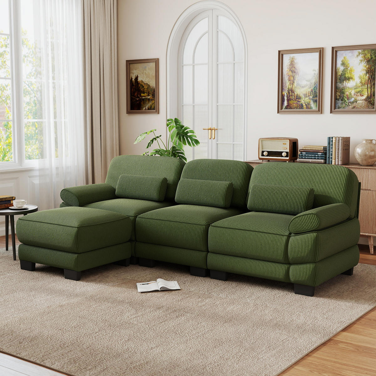 ECKSOFA L-Form 3-Sitzer mit Hocker, DE-42659, Grün - Grün, Holz (265/161cm) - ComfortXL