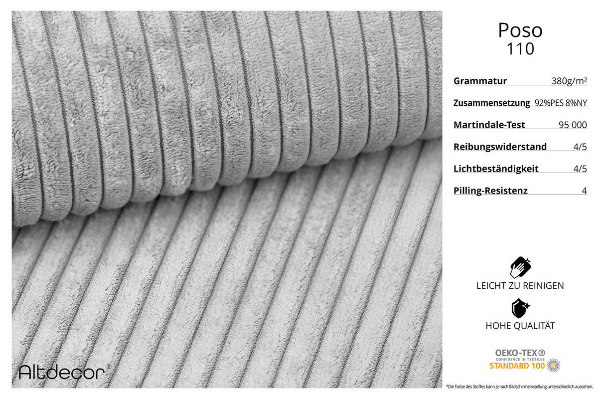 ECKSOFA Ottomane Rechts MARI-L3 - 413x171x79 cm Grau Cord - Schwarz/Grau, Holzwerkstoff/Kunststoff (171/413cm) - ALTDECOR