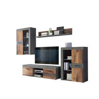 WOHNWAND Grigor 4-teilig in Betonoptik Dunkelgrau & Old Wood Vintage 290 x 192,3 x 41 cm mit LED-Licht - Grau, Glas/Holzwerkstoff (290/192/41cm)