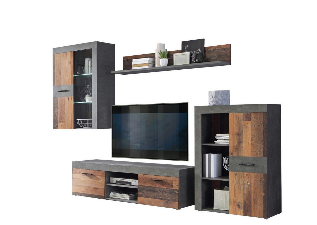 WOHNWAND Grigor 4-teilig in Betonoptik Dunkelgrau & Old Wood Vintage 290 x 192,3 x 41 cm mit LED-Licht - Grau, Glas/Holzwerkstoff (290/192/41cm)