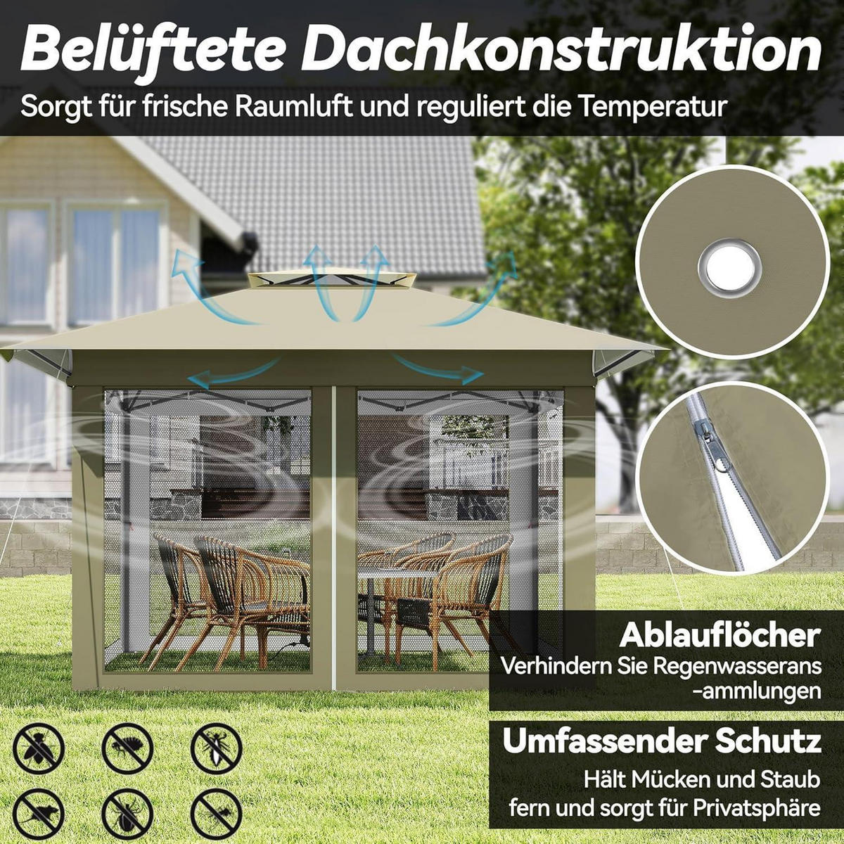 GARTENPAVILLON 4 x 4 m mit Moskitonetz Khaki - Olivgrün, Metall (400/285/400cm)