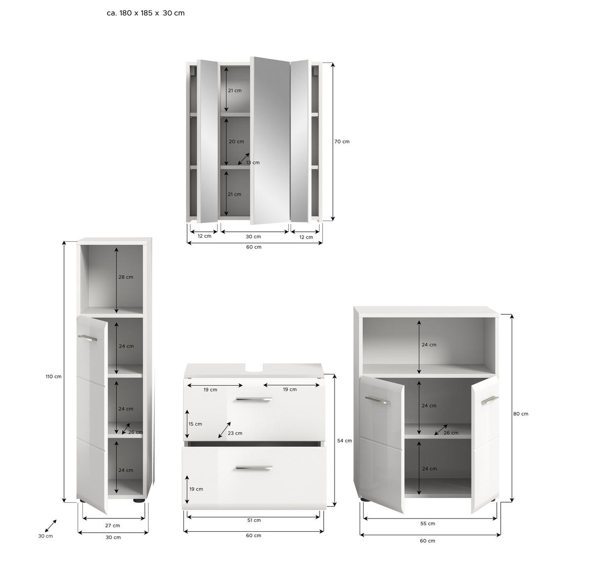 BADKOMBINATION Ice 180x185x30 cm weiß Hochglanz MDF 4tlg. - Weiß, Holz (180/185/30cm)