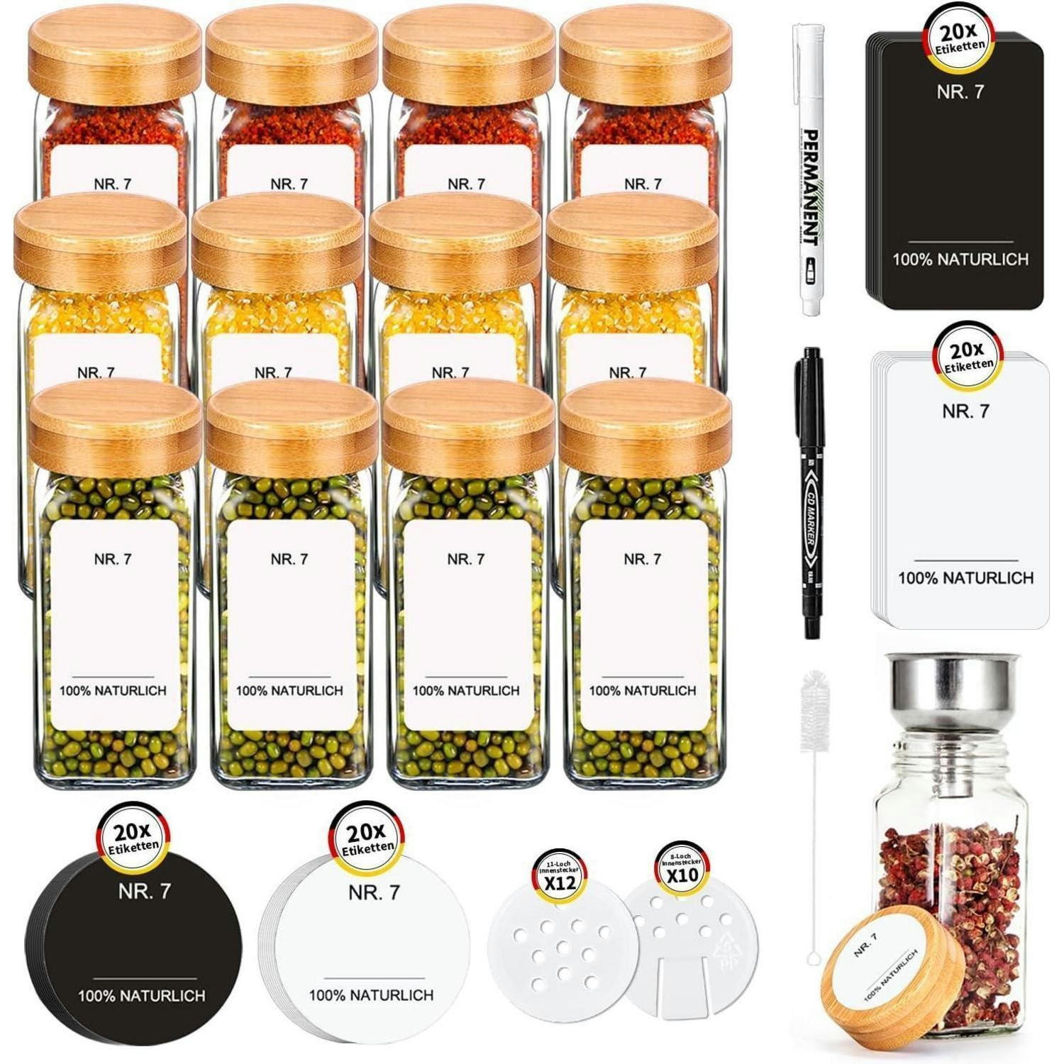 GEWÜRZGLÄSER 12-teiliges Set mit Bambusdeckel 120ml - Multicolor, Glas (4.5/10.5/4.5cm)