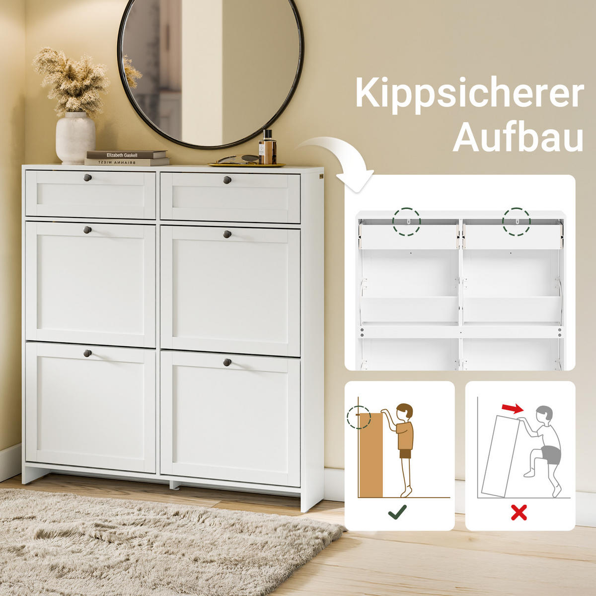 SCHUHKIPPER Schmal mit Schublade, Weiß 100x107x19 cm - Weiß, Holzwerkstoff (100/107/19cm) - SoBuy