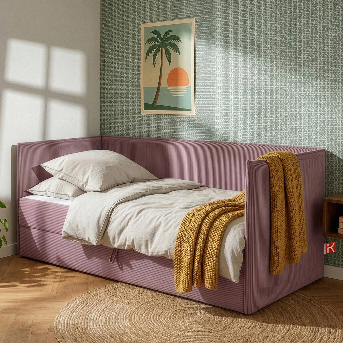 JUGENDBETT ROTI Einzelbett mit Bettkasten, 90x200cm, Bett mit Bonellmatratze, mit Rückenlehne - Lila/Schwarz, Holz/Holzwerkstoff (92/200cm) - KONSIMO®
