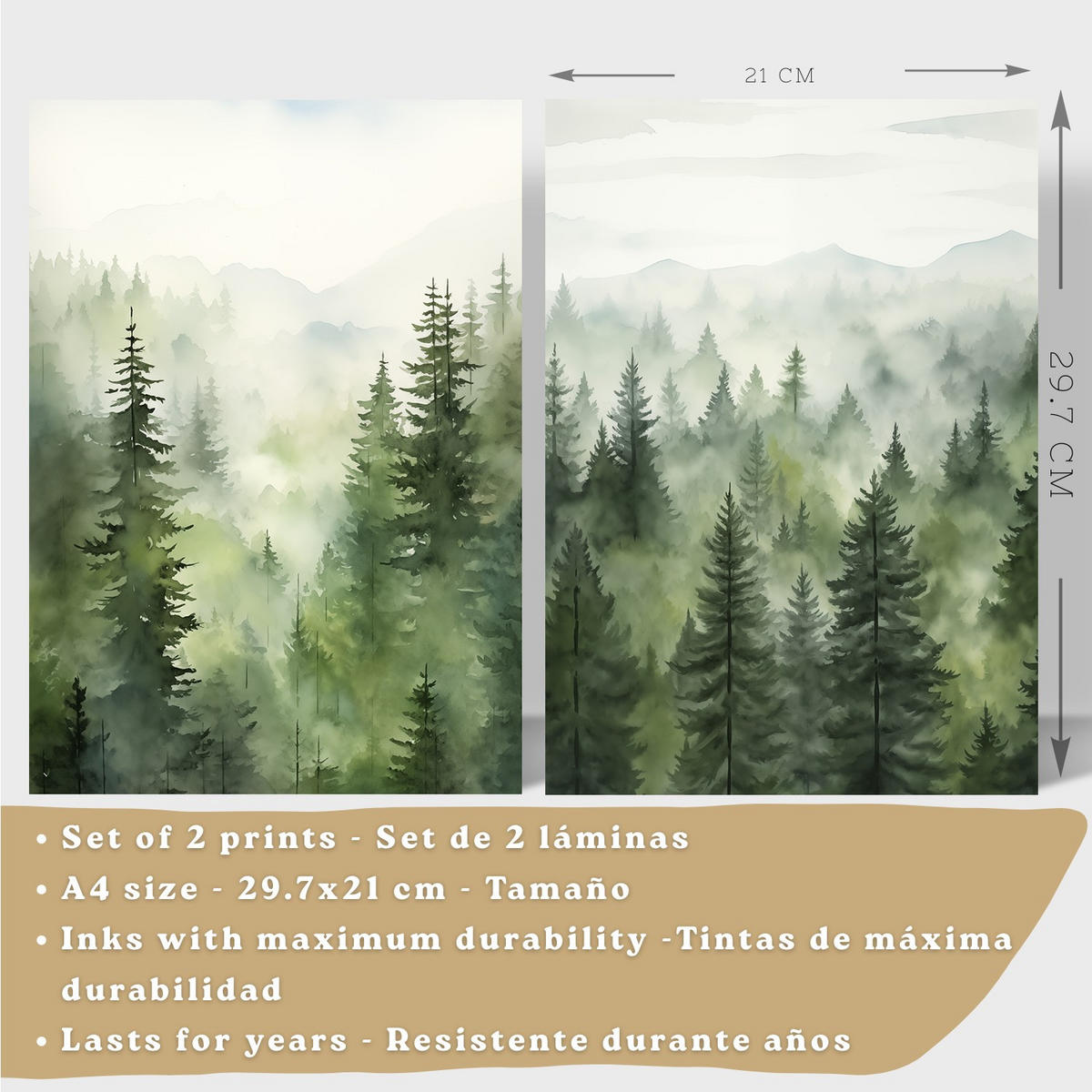 PLAKAT Sada 2 dekorativních tisků Nordic Forest Landscape Moderní obývák Obrázky - Zelené dekorativní plakáty Dekorace ložnice A4 bez rámu - čirá, papír (29.7/42/3cm)