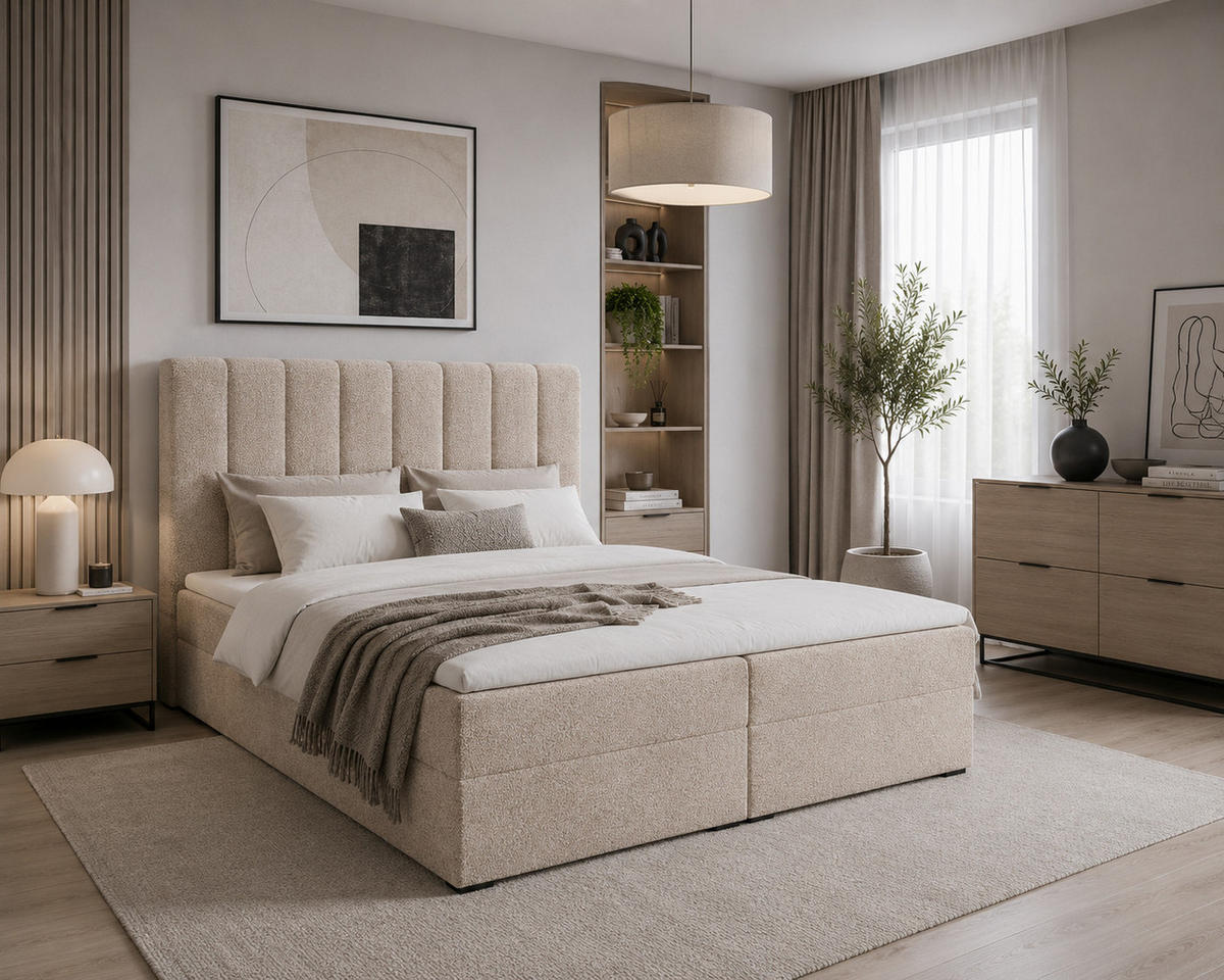 BOXBETT 01 180 x 200 cm - Arena – Stilvoll und bequem Mit Bettkasten, PU-Topper, Federmechanismus, waschbarer Bezug - Beige, Holz (180/200cm) - ROYAL24_MARKT