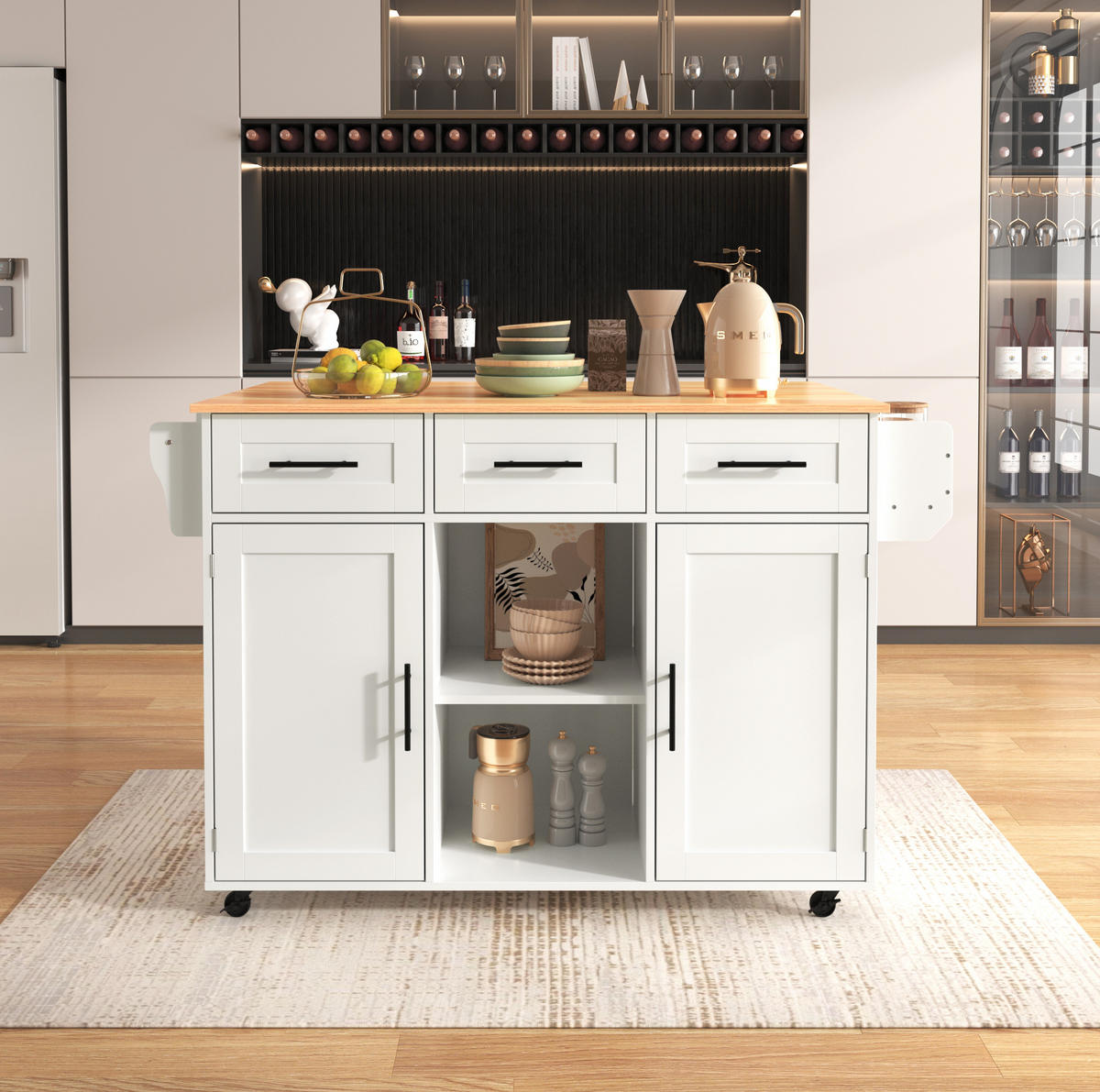 KÜCHENINSEL 139/91,5/46(71) cm Weiß aus MDF mit klappbarer Tischplatte - Weiß, Holzwerkstoff (46/91.5/139cm) - OKMYHOME